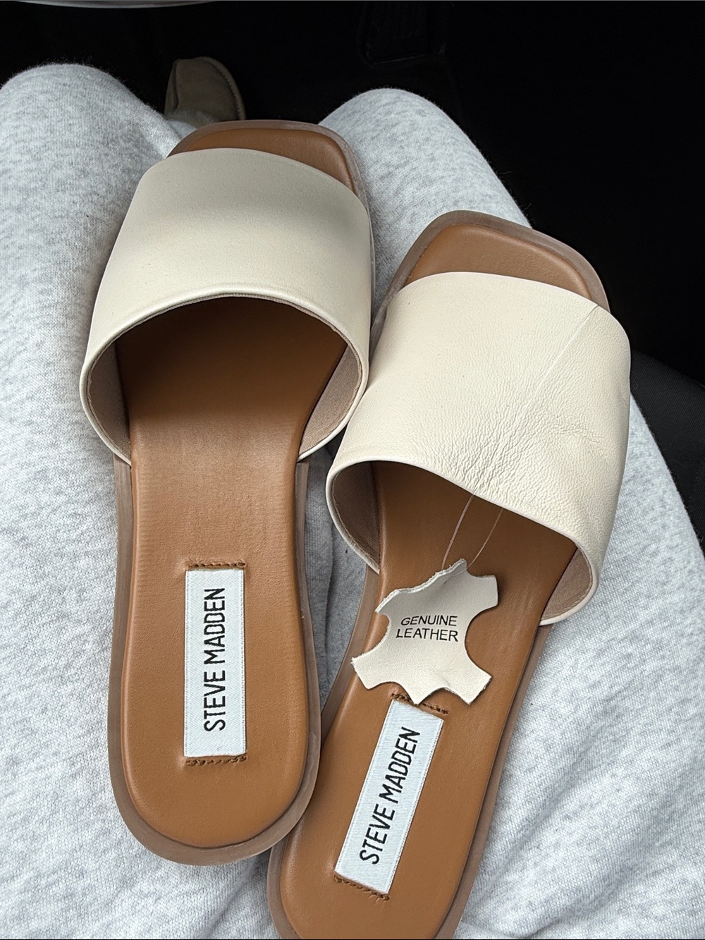 Steve Madden Cream Leather Slide Sandals with Tan Footbed